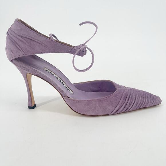 Manolo Blahnik Retro Lavender Suede Ruched Ankle Tie Pointed Toe Pump size IT 40 - Picture 3 of 11